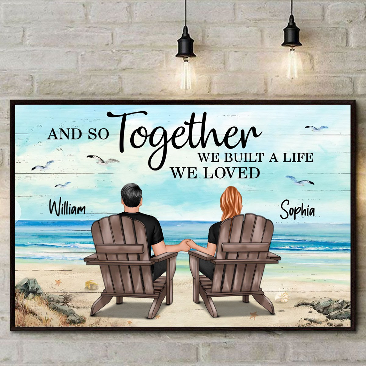 Personalized Couple Beach Landscape Retro Vintage Poster