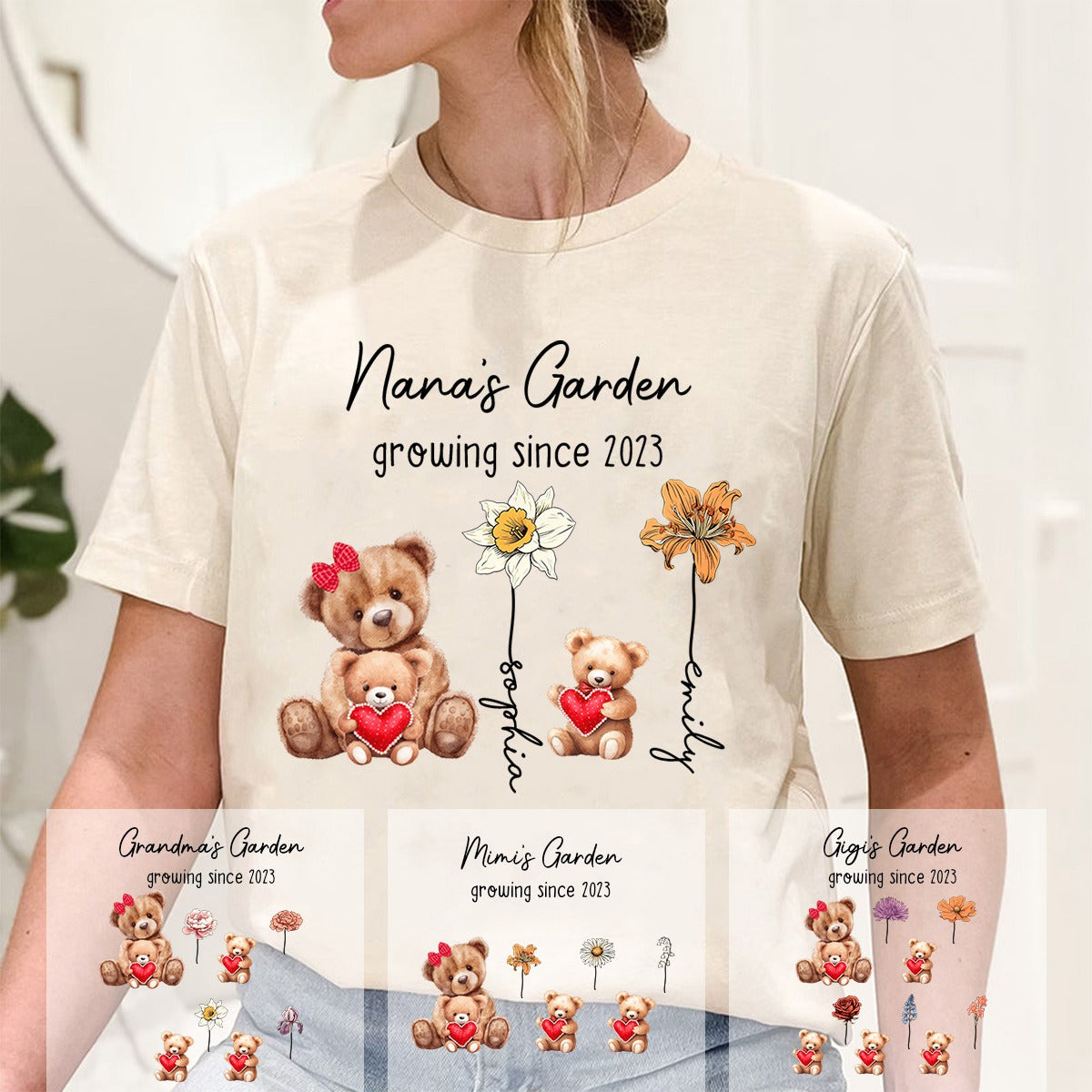 Personalized Bear With Birth Month Flower Pure Cotton T-Shirt