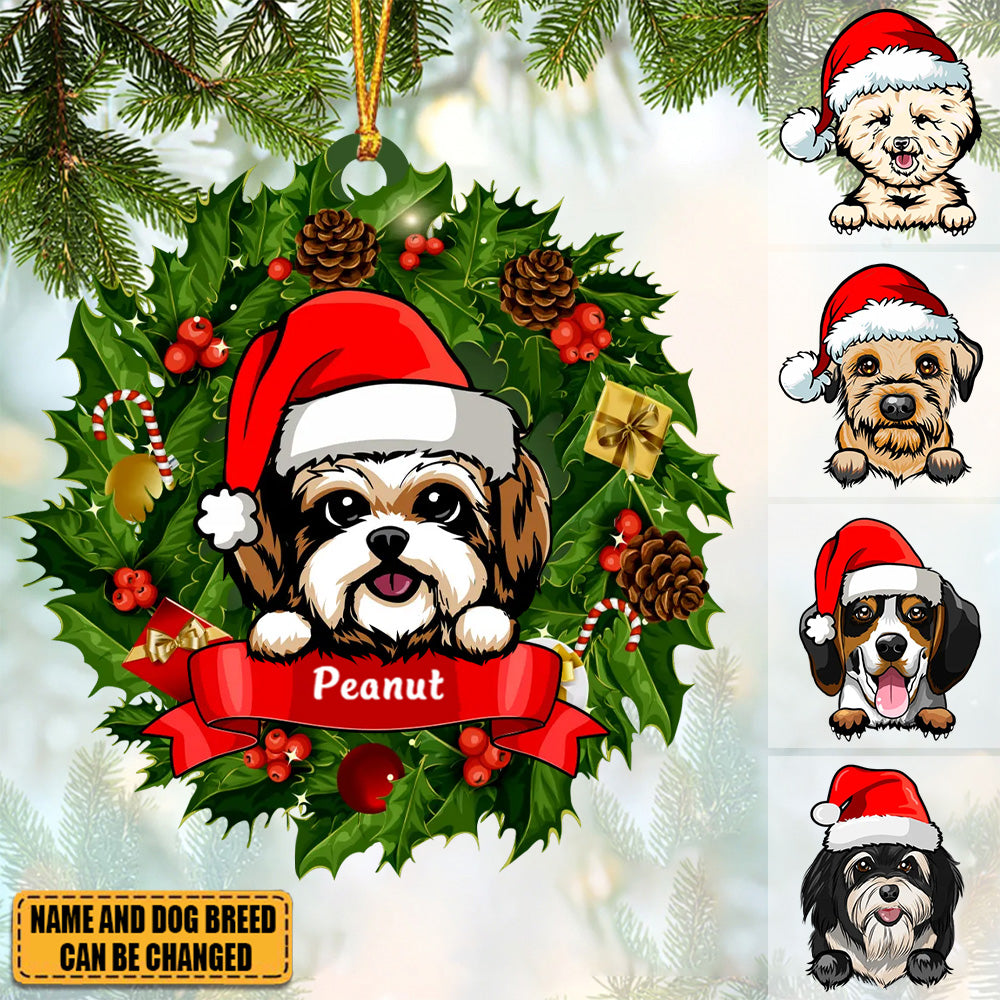 Christmas Wreath Peeking Dogs Personalized Acrylic Ornament