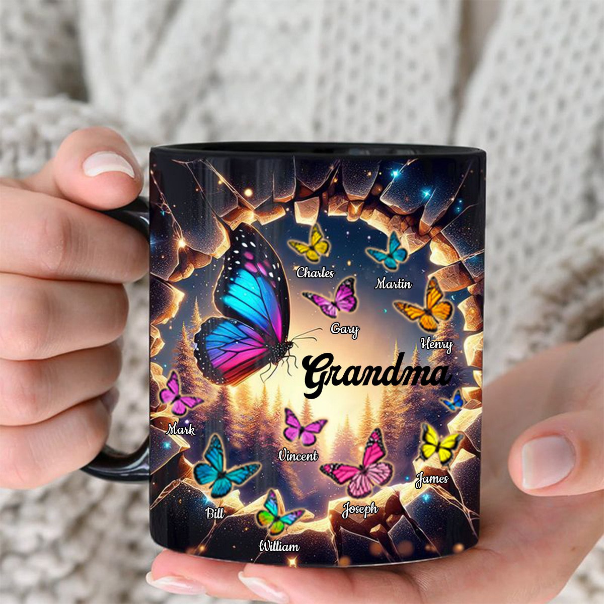 Personalized Black Mug Hole In A Wall Grandma With Butterfly Kids