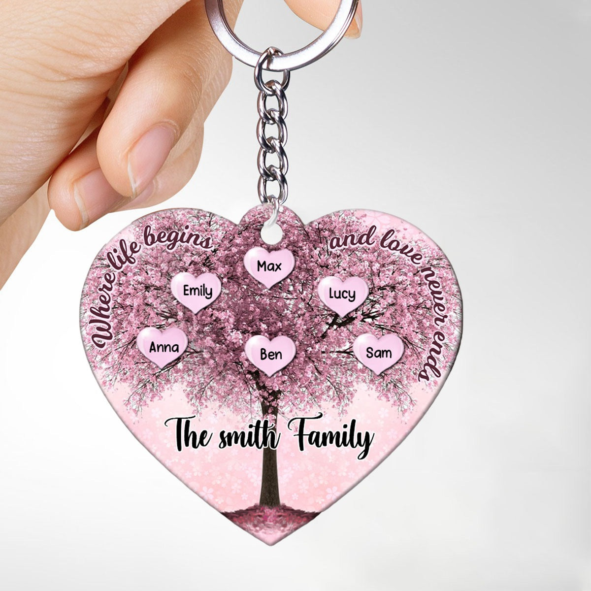 Personalized Family Tree Acrylic Keychain - Where Life Begins & Love Never Ends