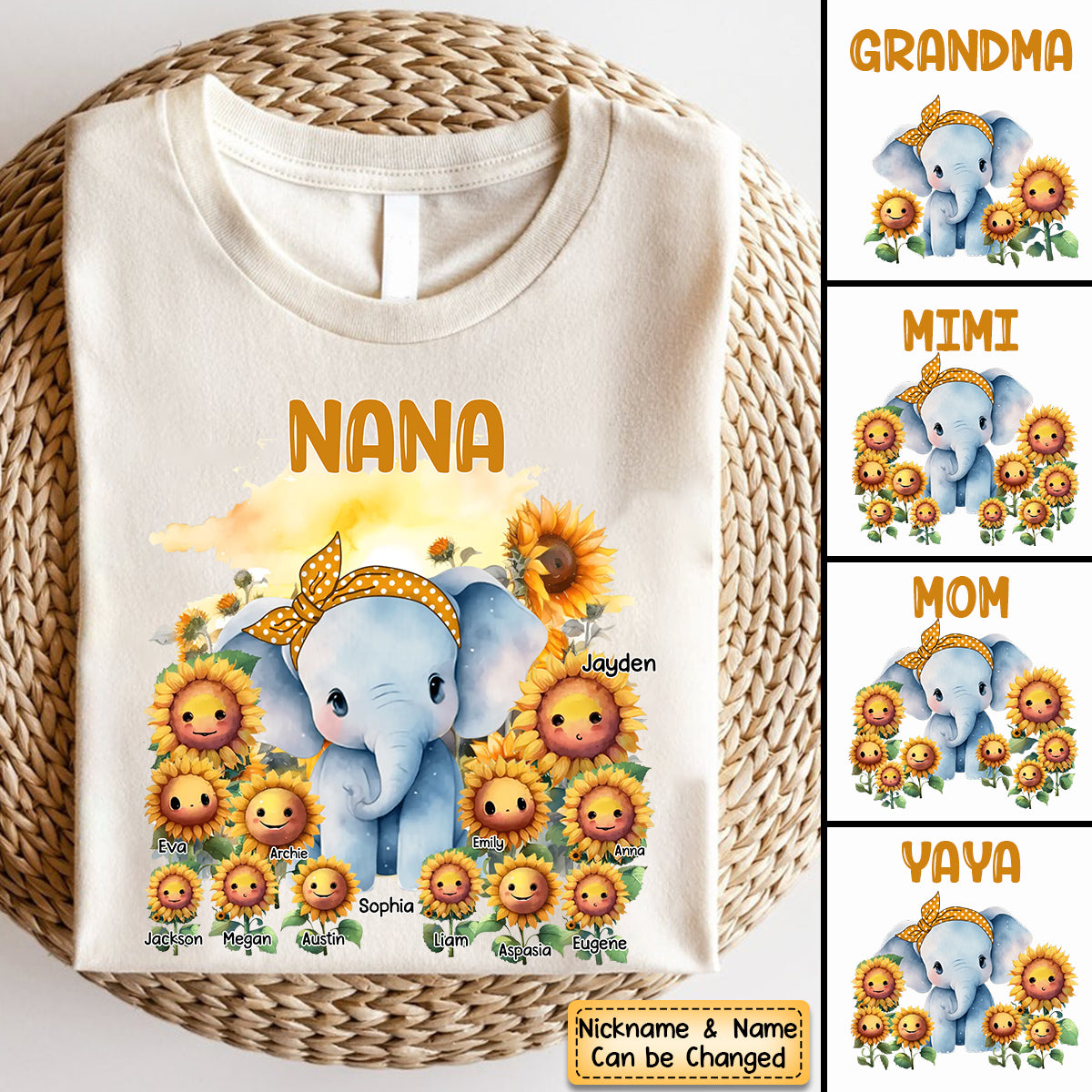Personalized Grandma Elephant Sunflowers Pure Cotton T-shirt