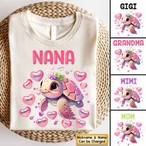 Personalized Turtle Grandma Pure Cotton T-shirt Hearts & Kid Names