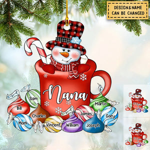 Personalized Hot Cocoa Cup Grandma Snowman With Little Grandkids  Acrylic Ornament
