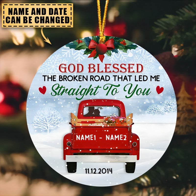 Personalized Love Couple Red Truck Christmas Circle  Acrylic Ornament