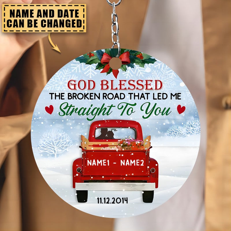 Personalized Love Couple Red Truck Christmas Circle Acrylic Keychain