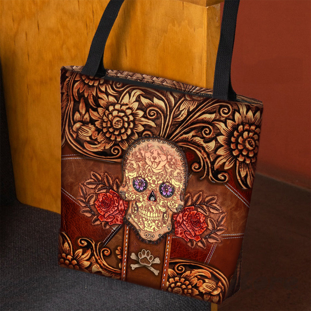 Akita 1-Skull Flower Cloth Tote Bag
