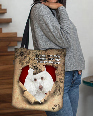 White Poodle-Torn Cloth Tote Bag