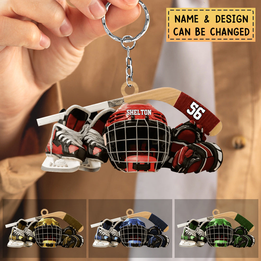 Personalized Hockey Skates Helmet And Stick Acrylic Keychain